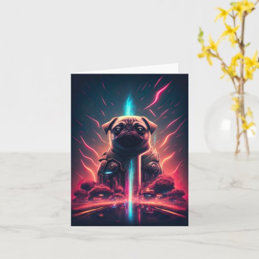 Adortable Mops in futuristischem Robot-Kostüm Karte (Gelbe Blume)