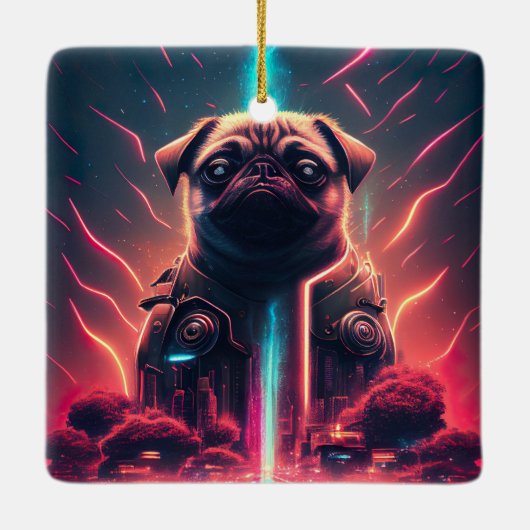 Adortable Mops in futuristischem Robot-Kostüm Keramikornament (Rückseite)