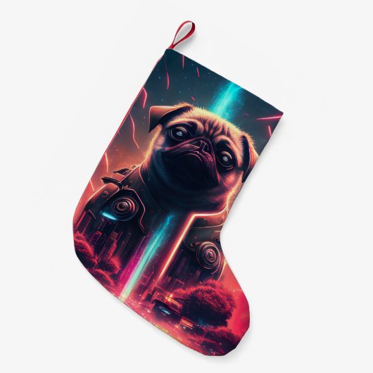 Adortable Mops in futuristischem Robot-Kostüm Kleiner Weihnachtsstrumpf (Vorderansicht (hängend))