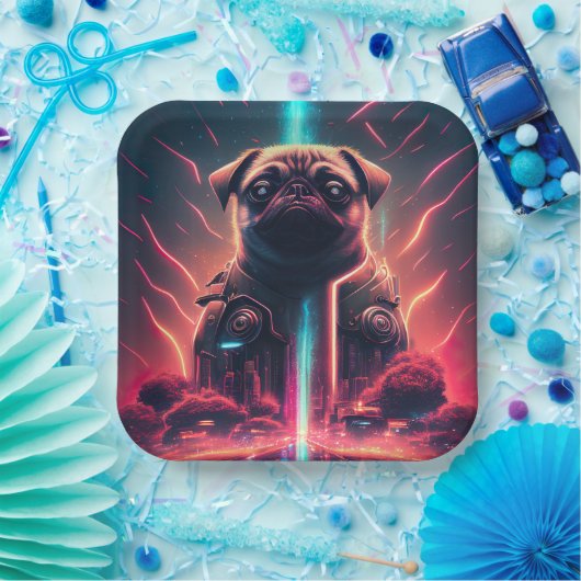 Adortable Mops in futuristischem Robot-Kostüm Pappteller (Party)