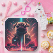 Adortable Mops in futuristischem Robot-Kostüm Pappteller (Party)