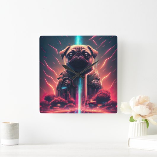 Adortable Mops in futuristischem Robot-Kostüm Quadratische Wanduhr (Zuhause)