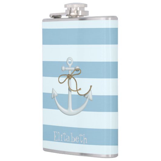 Adortable Nautical Anchor auf hellblauen Streifen Flachmann (Links)