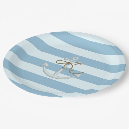 Adortable Nautical Anchor auf hellblauen Streifen Pappteller (Schrägansicht)