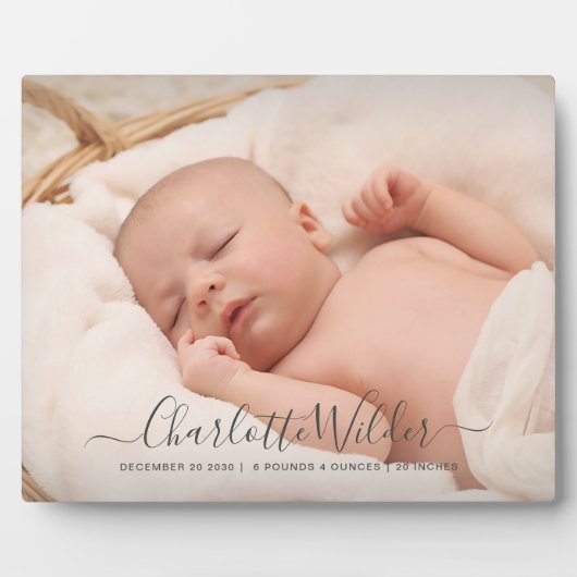 Adortable New Baby Foto Script Name Birth Stats Fotoplatte (Vorderseite)