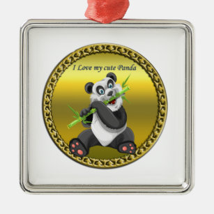 Adortable niedliche Panda Bambus essen immergrün Silbernes Ornament