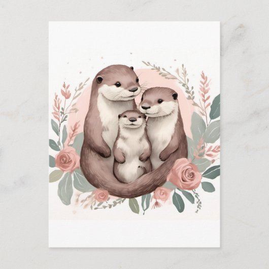 Adortable Otter Family Sage und Dusty Rose Boho Postkarte (Vorderseite)