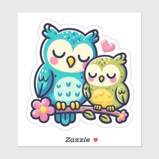 Adortable Owl Couple in Liebe - Niedlicher Cartoon Aufkleber (Blatt)
