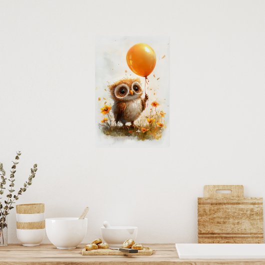 Adortable Owl mit Orange Balloon - Whimsical Autum Poster (Küche)