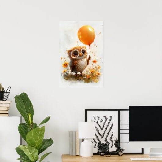 Adortable Owl mit Orange Balloon - Whimsical Autum Poster (Heimbüro)