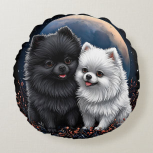 Adortable Puppies aus Schwarz und Weiß Rundes Kissen