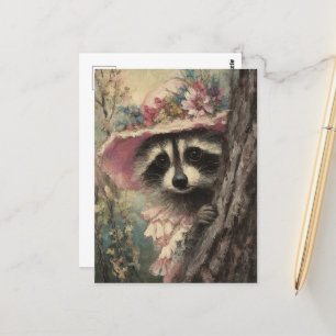 Adortable Raccoon in einem rosa Kleid Postkarte