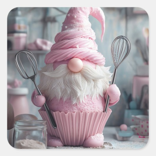 Adortable rosa Backen Gnome Cupcake Quadratischer Aufkleber (Vorderseite)
