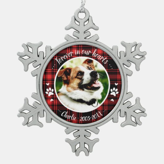 Adortable Rustic Dog Pet Memorial Custom Foto Schneeflocken Zinn-Ornament (Vorderseite)