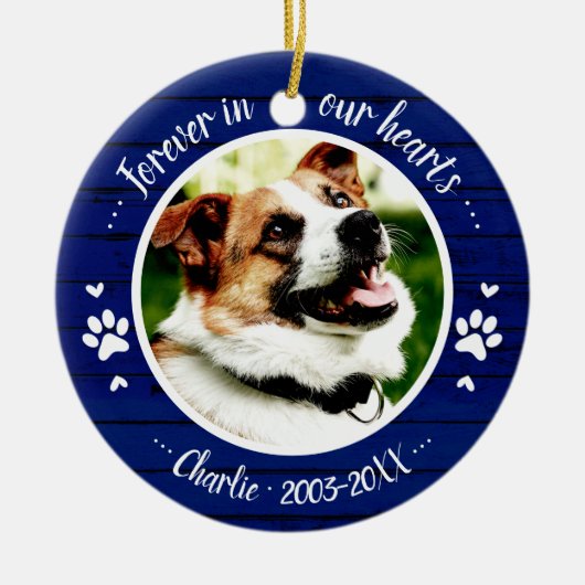 Adortable Rustic Hunde Memorial Custom Foto Blue Keramik Ornament (Vorne)