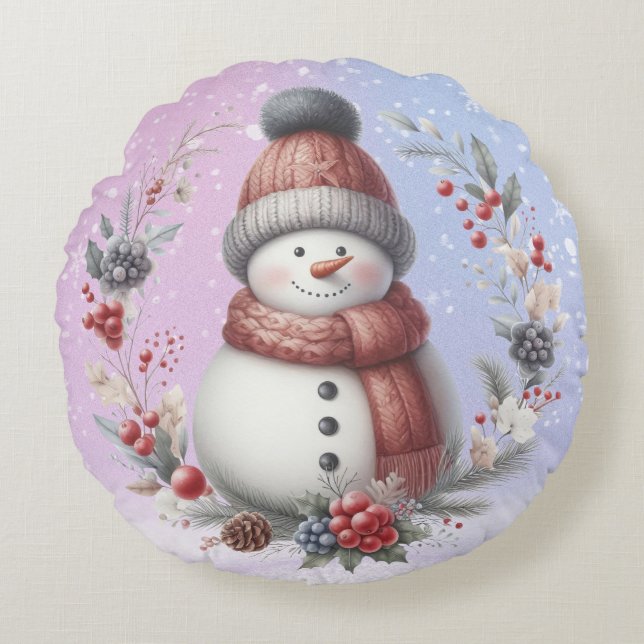 Adortable Snowman Weihnachtskranz Rundes Kissen (Vorderseite)