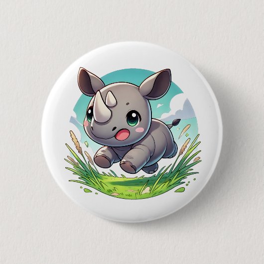 Adortable spielerische Rhinozeros laufen Button (Vorderseite)