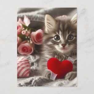 Adortable Valentine Fluffy Gray Kitten AI Art Postkarte