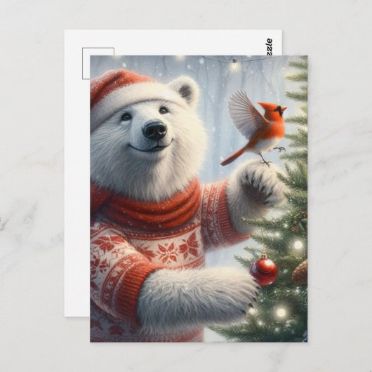 Adortable Weihnachtsbär und der Kardinal Postkarte (Vorne/Hinten)