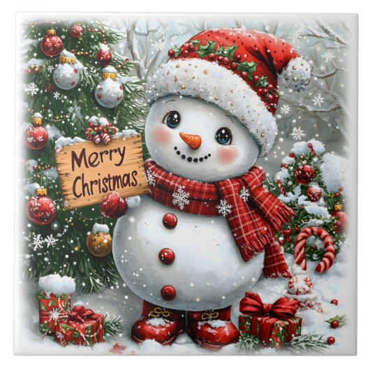 Adortable Weihnachtsschneemann Fliese (Vorderseite)