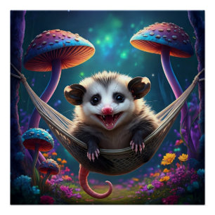 Adortable Whimsical Opossum Psychedelic Hippie Poster