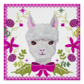 Adortable White Baby Llama mit Fuchsia Pink Green Poster (Vorderseite)