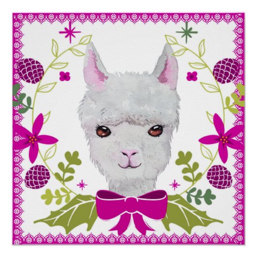 Adortable White Baby Llama mit Fuchsia Pink Green Poster (Vorderseite)