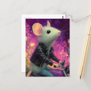 Adortable White Mouse reiten auf einem Motercycle  Postkarte