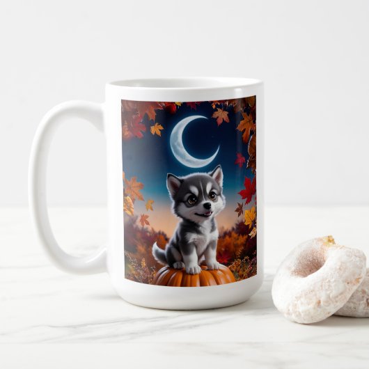 Adortable Wolf mit Crescent Moon Halloween Art Kaffeetasse (Mit Donut)
