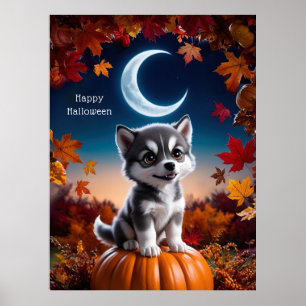 Adortable Wolf mit Crescent Moon Halloween Art Poster