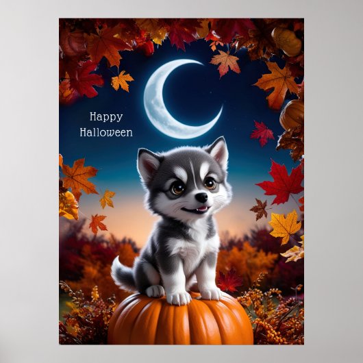 Adortable Wolf mit Crescent Moon Halloween Art Poster (Vorne)