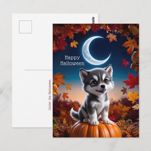 Adortable Wolf mit Crescent Moon Halloween Art Postkarte (Vorne/Hinten)