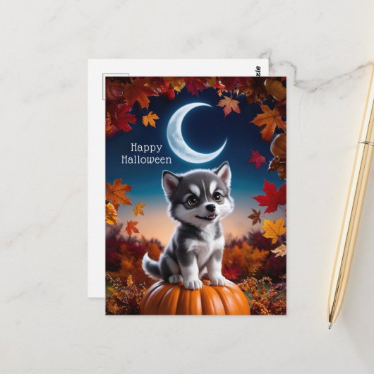 Adortable Wolf mit Crescent Moon Halloween Art Postkarte (Vorderseite/Rückseite Beispiel)