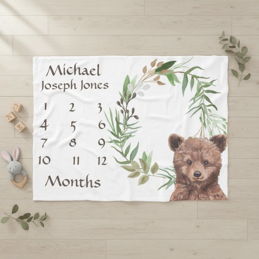 Adortable Woodland Baby Bear Milestone Keepake Fleecedecke
