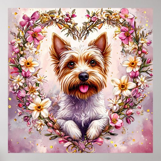 Adortable Yorkie umgeben von Blumenreath Poster (Vorne)