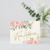Adresse ändern Elegantes Blush Pink Floral Gold Postkarte (Stehend Vorderseite)