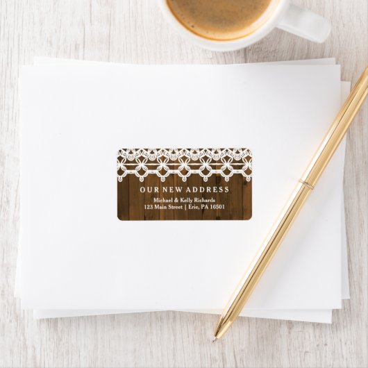 Adressenänderung Braun Rustikales Holz und Spitzen Adressaufkleber (Insitu)