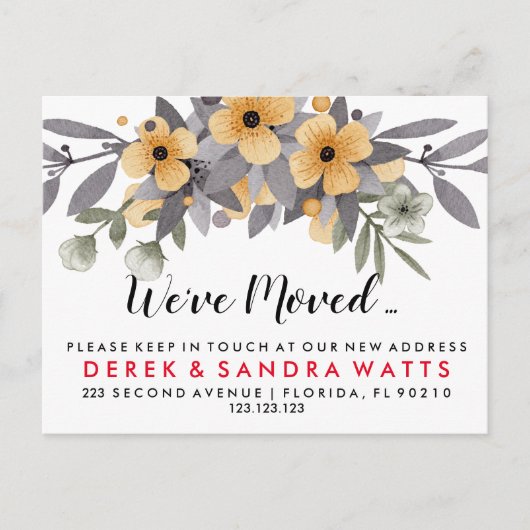 Adressenänderung, die wir in Graue und Gelbe Blüte Ankündigungspostkarte (Vorderseite)
