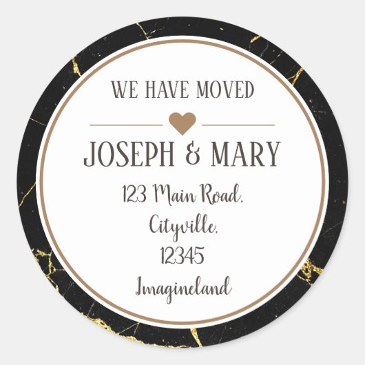 Adressenänderung schwarzen goldenen Marmor elegant Runder Aufkleber (Vorderseite)