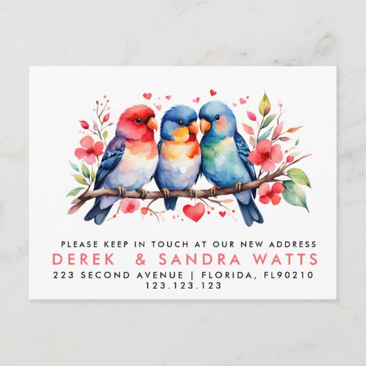 Adressenwechsel, bewegte Ankündigung Liebesvögel (Vorderseite)