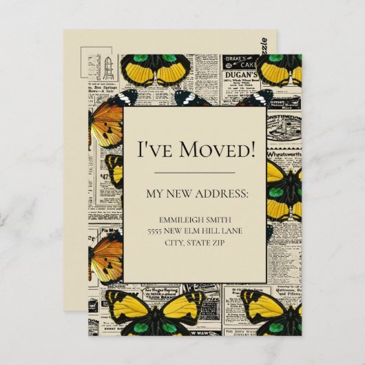 Adresswechsel Vintager Schmetterlinge Zeitung Postkarte (Vorne/Hinten)