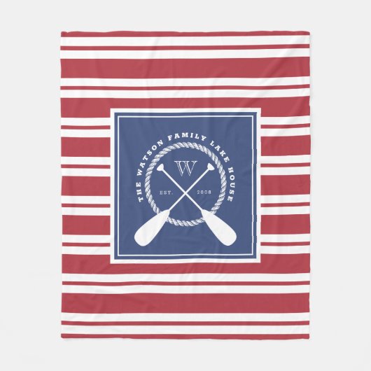 Adrettes rotes blaues weißes See-Haus-Monogramm Fleecedecke (Vorderseite)