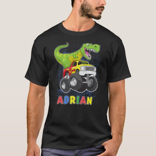 Adrian Personalized Dinosaur On A Monster Truck Ki T-Shirt (Vorderseite)