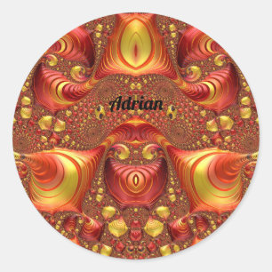 ADRIAN ~ Rotes Braunes Gelbes Fraktal Design ~ Runder Aufkleber