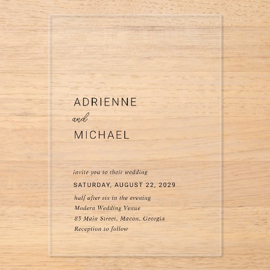 Adrienne Simple Modern Wedding Acryleinladungen (Vorderseite)