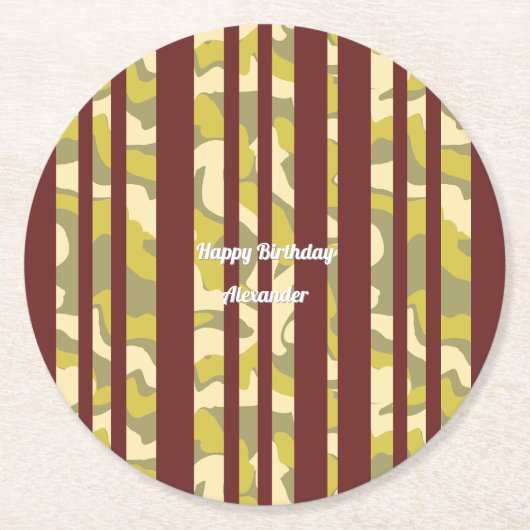 Adult Any Age Happy Birthday Camo Stripes Pattern Runder Pappuntersetzer (Vorderseite)