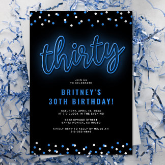 Adult Blue Neon 30. Geburtstag Party Einladung