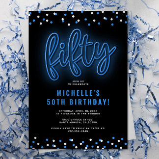 Adult Blue Neon 50. Geburtstagsparty Einladung
