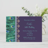 Adult Geburtstag Einladung Pfau lila Gold (Stehend Vorderseite)