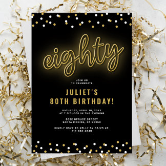Adult Gold Neon 80. Geburtstagsparty Einladung